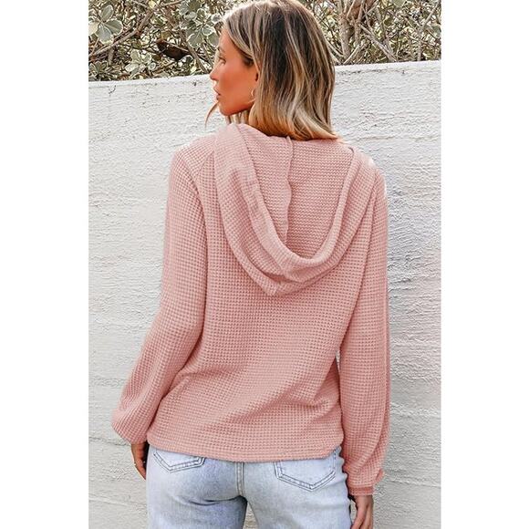 NWT Dokotoo Women's Waffle Knit Drawstring Button V Neck LS Sweaters Pink-SZ L - Picture 3 of 6